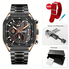 Stylish MEGIR Black Quartz Watch featuring a square dial, chronograph, and luminous hands on a stainless steel strap.