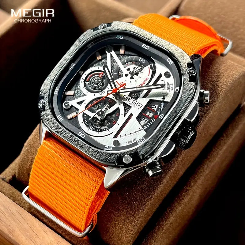 Stylish MEGIR Black Quartz Watch with square dial, chronograph, and luminous hands—perfect for modern men.