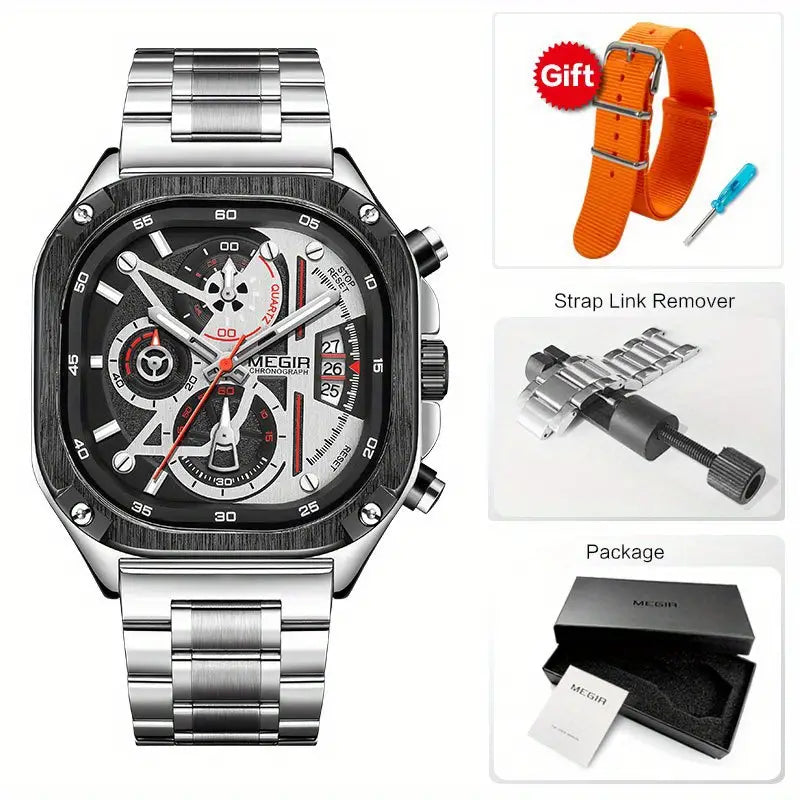 Stylish MEGIR Black Quartz Watch features a square dial, chronograph, and stainless steel strap for men's fashion.