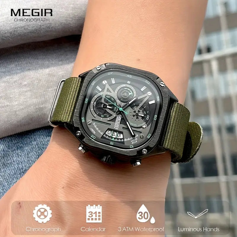 Stylish MEGIR Black Quartz Watch features a square dial, chronograph, and luminous hands for men. Perfect for any occasion.