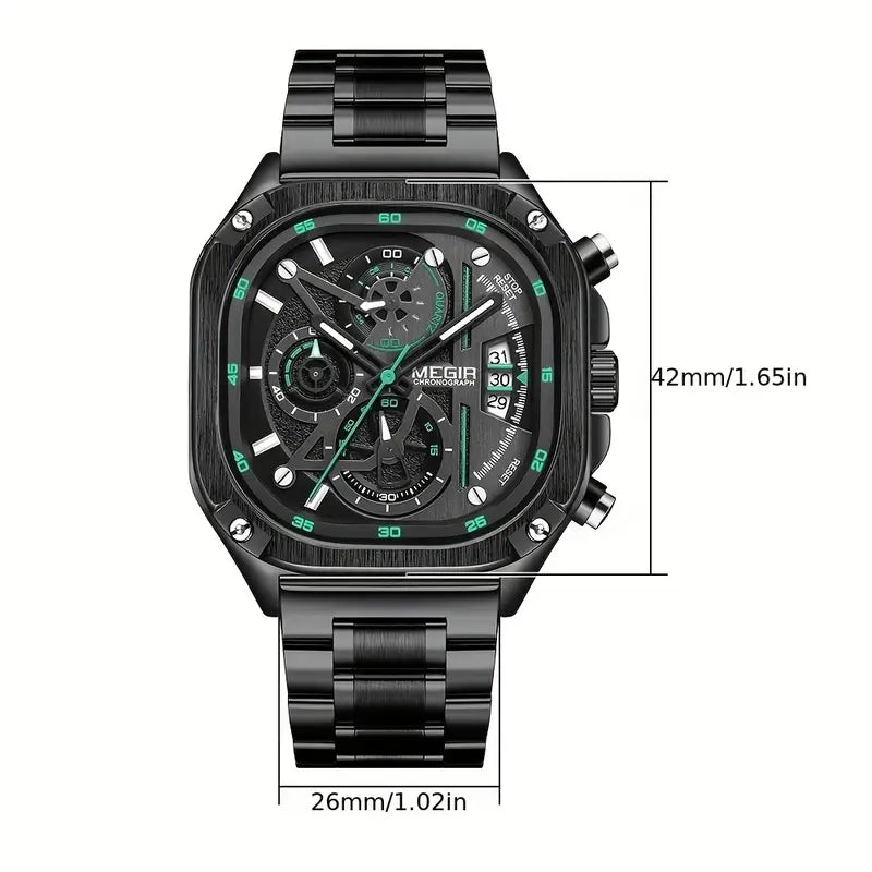 MEGIR Black Quartz Watch features a square dial, stainless steel strap, and luminous hands for stylish functionality.