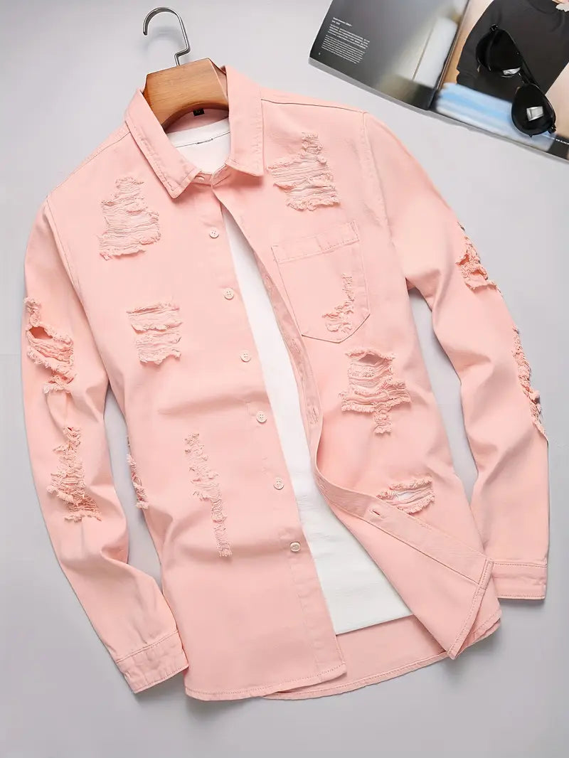 Pink Distressed Denim Shirt